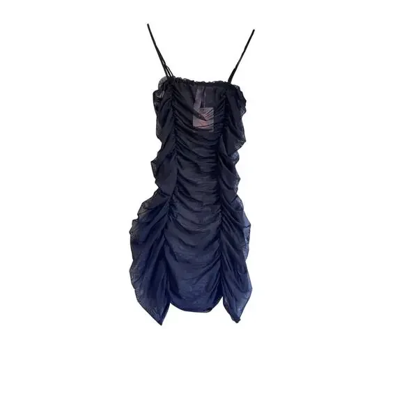 Savage X Fenty Rihanna Sz L Mesh Dress Black Tank Sleeveless Ruched Night Gown - Picture 2 of 7